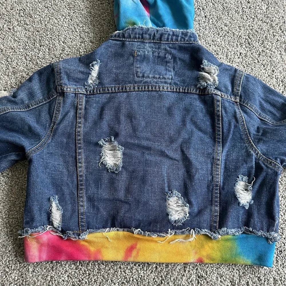 American Bazi Hooded‎ Denim women Jacket With Tie-Dye Trim cropped distressed